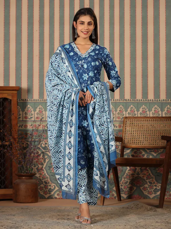 Stunning blue floral printed kurti set