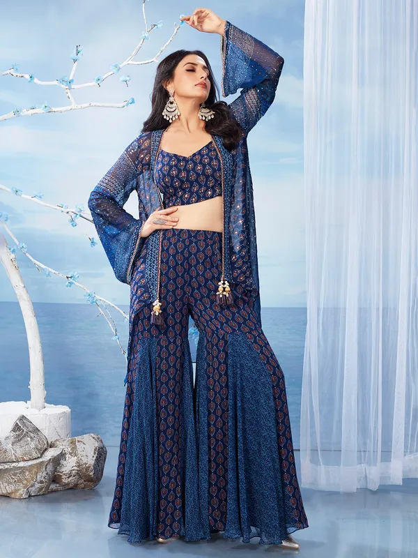 Stunning blue georgette palazzo jacket style suit