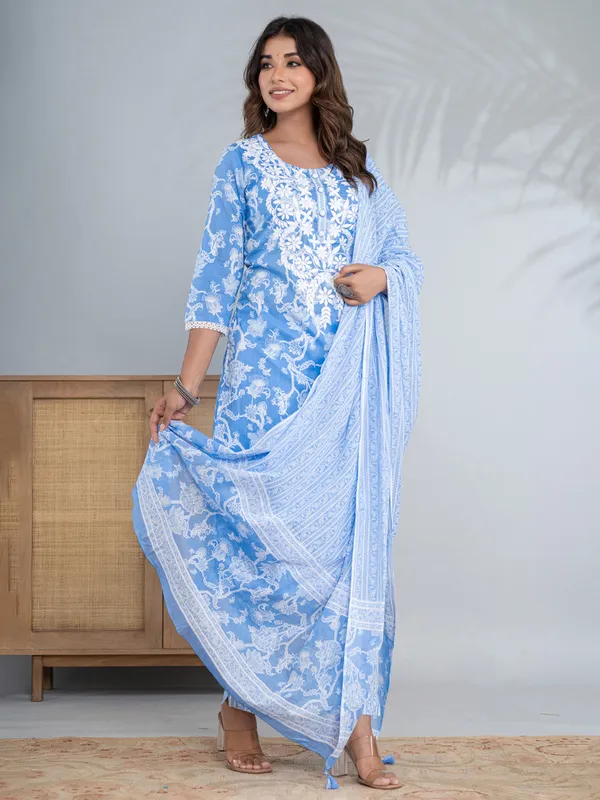 Stunning blue printed cotton kurti set