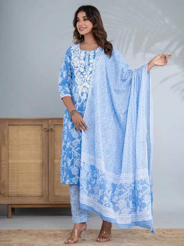 Stunning blue printed cotton kurti set