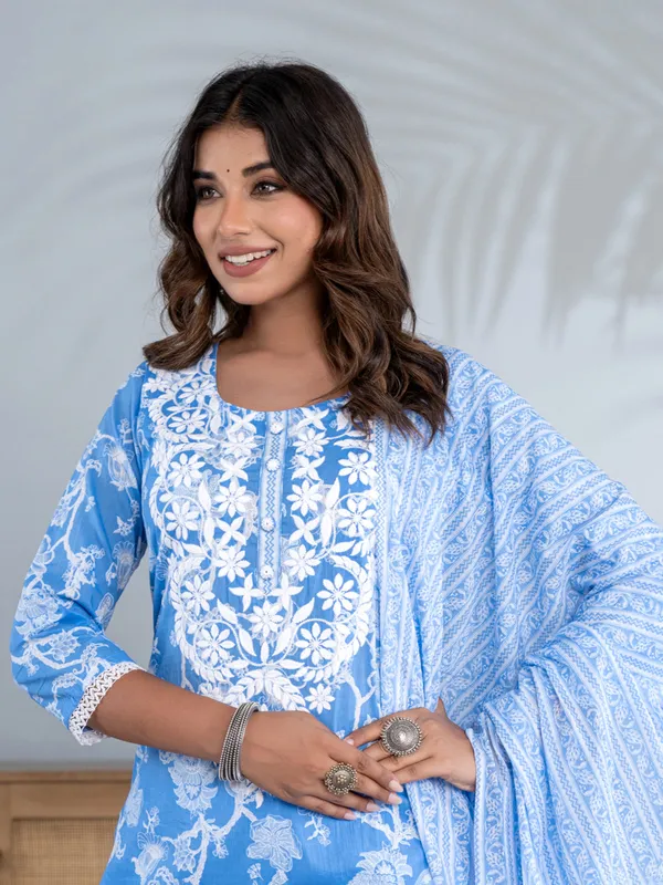 Stunning blue printed cotton kurti set