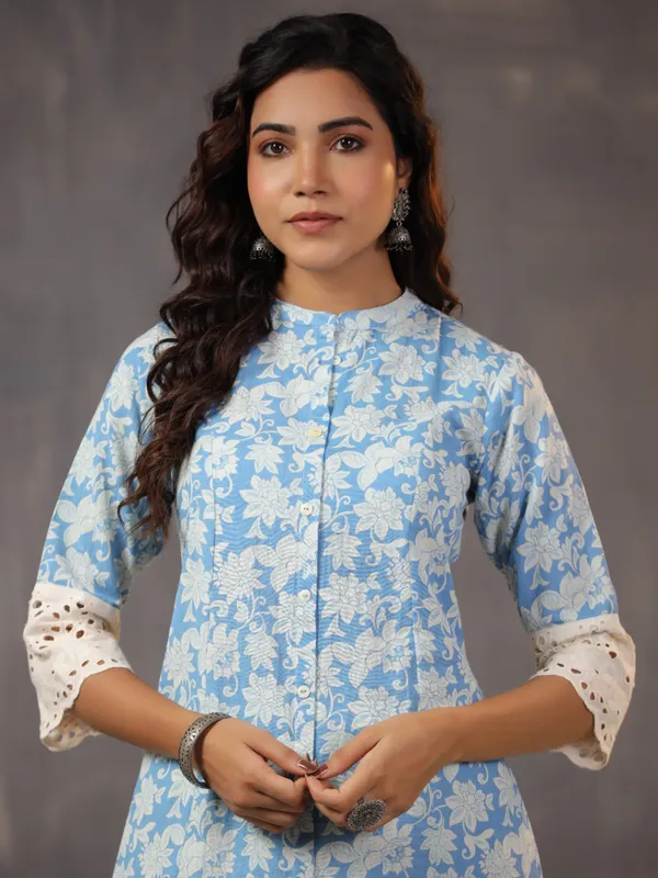 Stunning blue printed kurti in cotton silk