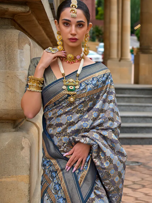 Stunning blue printed saree in silk