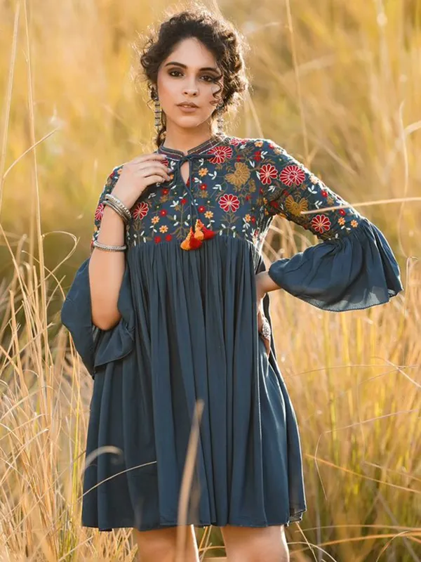 Stunning blue silk embroidery kurti