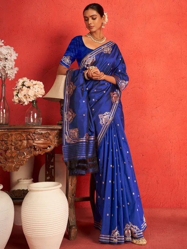 Blue saree in zari work with unstitched blouse