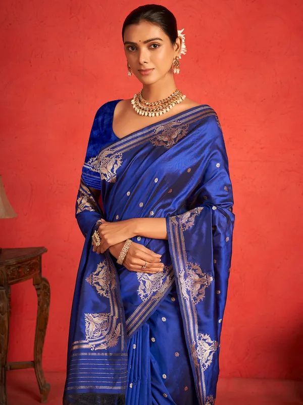 Blue saree in zari work with unstitched blouse