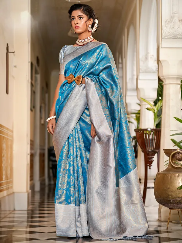 Stunning blue silk wedding wear saree