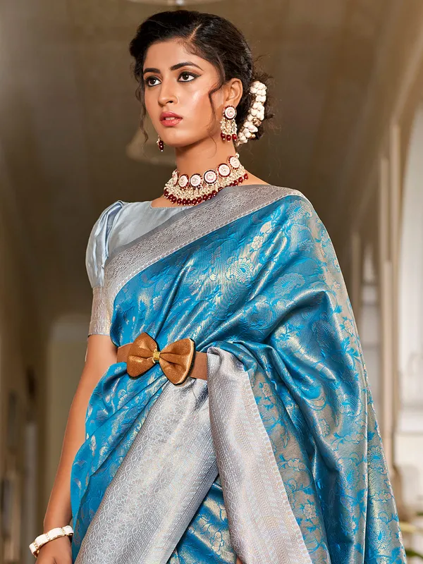 Stunning blue silk wedding wear saree
