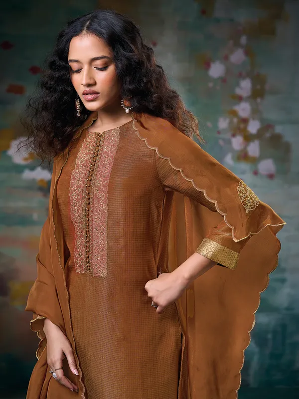 Stunning brown silk palazzo suit with dupatta