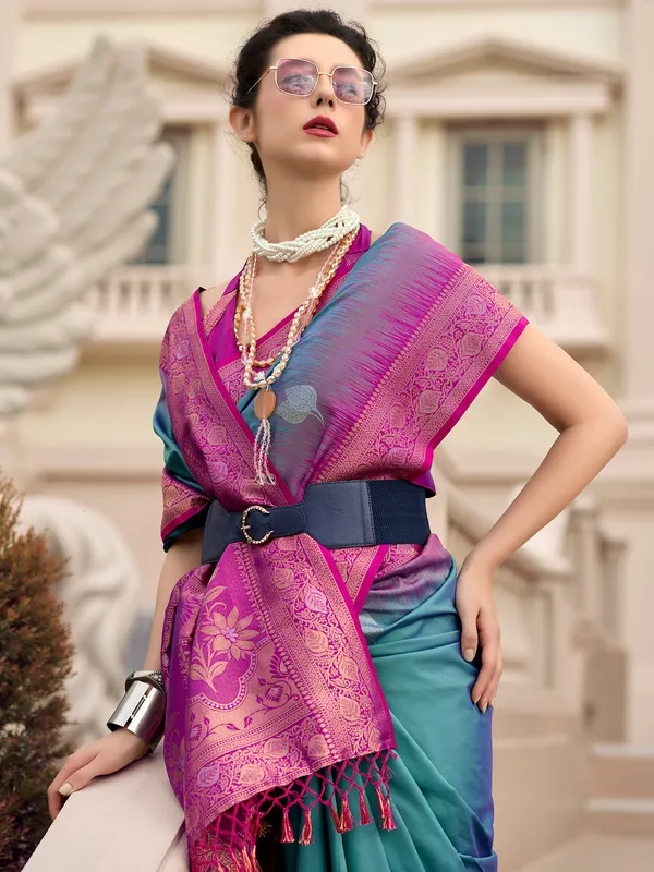 Stunning cadet blue saree for festive