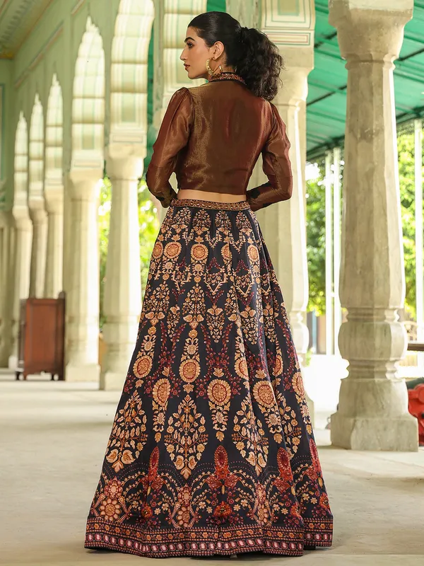 Stunning charcoal and brown silk printed lehenga choli