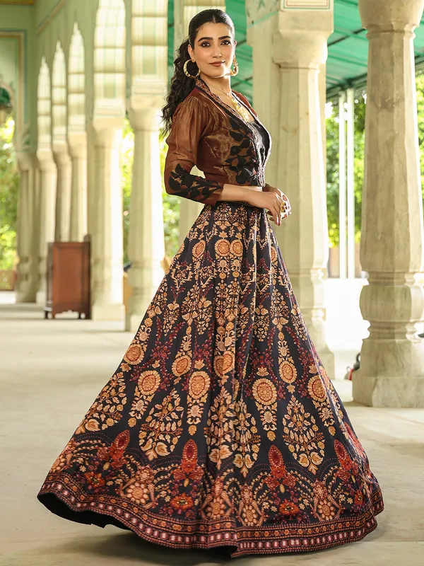 Stunning charcoal and brown silk printed lehenga choli