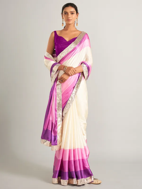 Stunning cream and purple plain masru silk saree