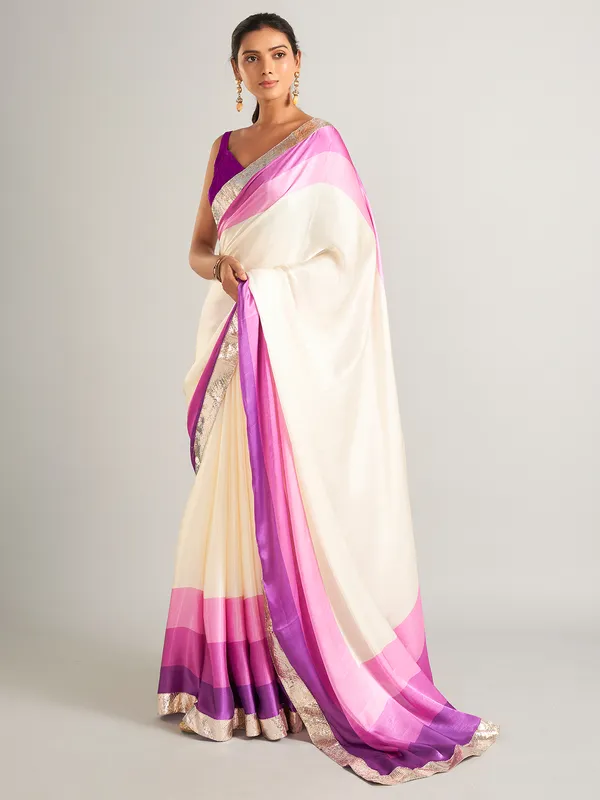 Stunning cream and purple plain masru silk saree