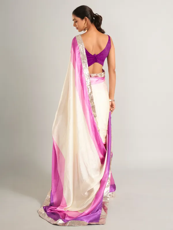 Stunning cream and purple plain masru silk saree