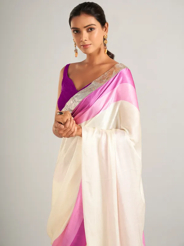 Stunning cream and purple plain masru silk saree