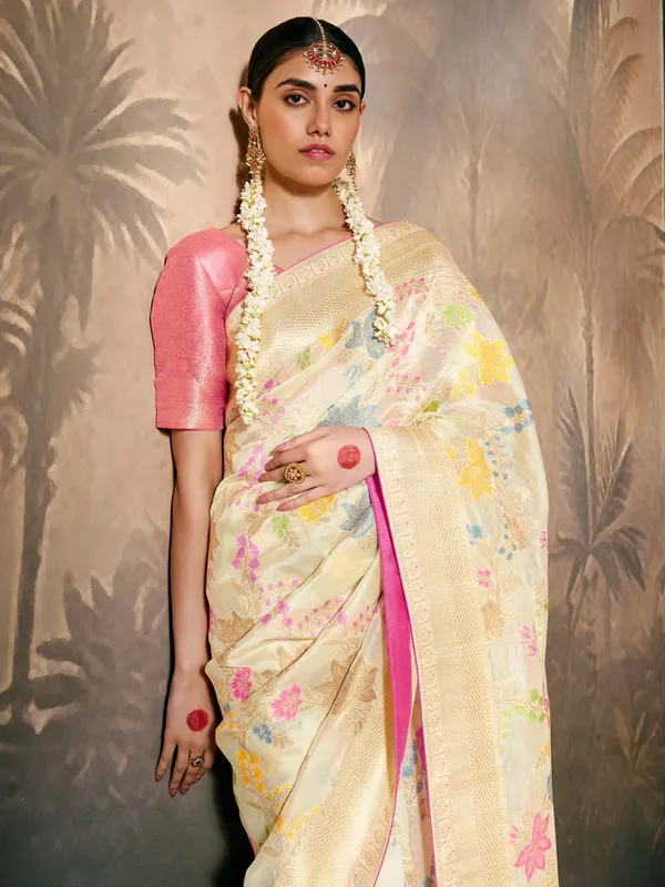 Stunning cream banarasi silk saree