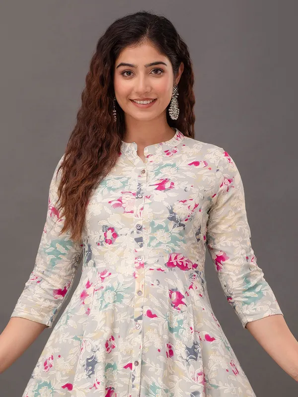 Stunning cream cotton floral printed kurti