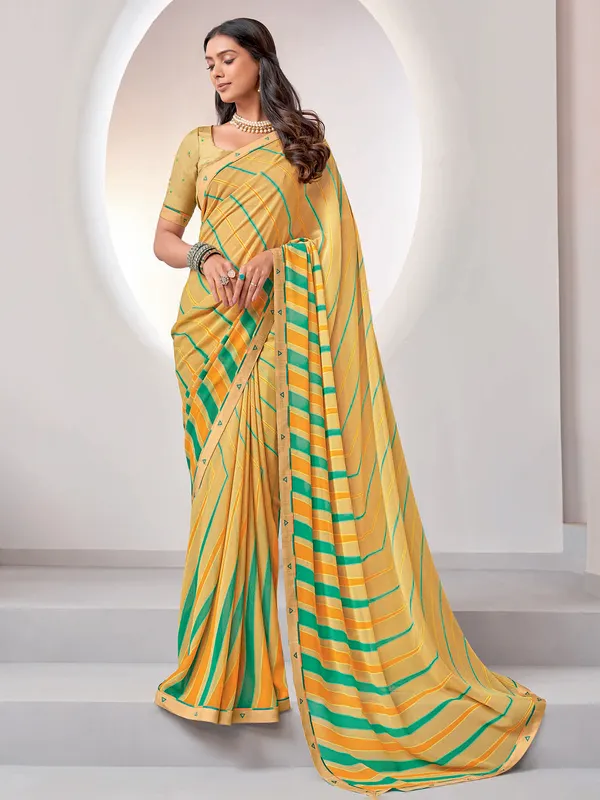 Stunning cream georgette stripe saree