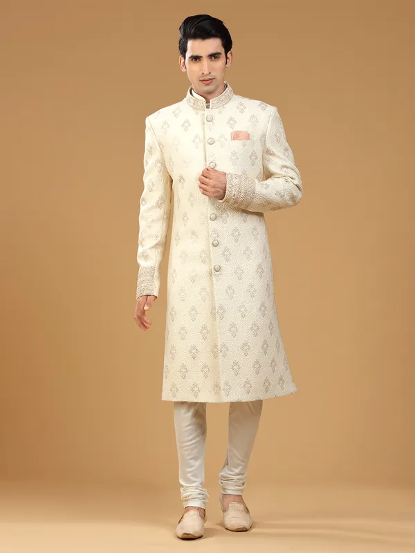 Stunning cream groom sherwani in silk