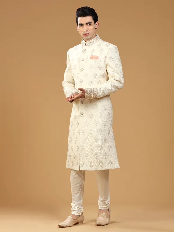 Stunning cream groom sherwani in silk