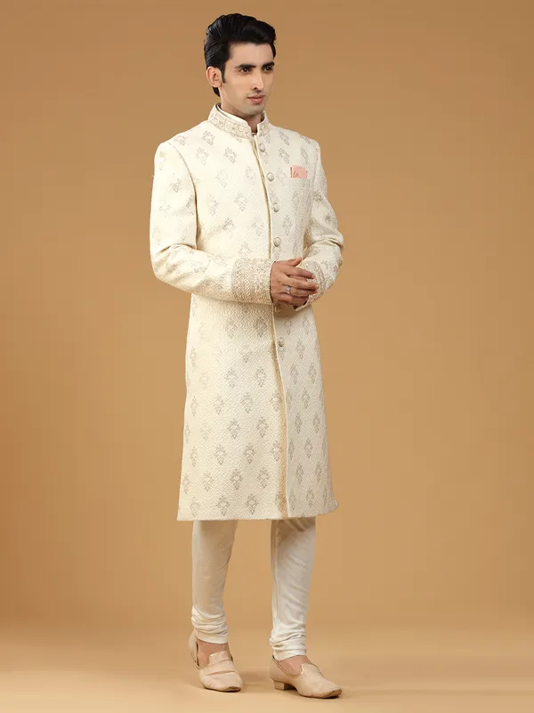 Stunning cream groom sherwani in silk