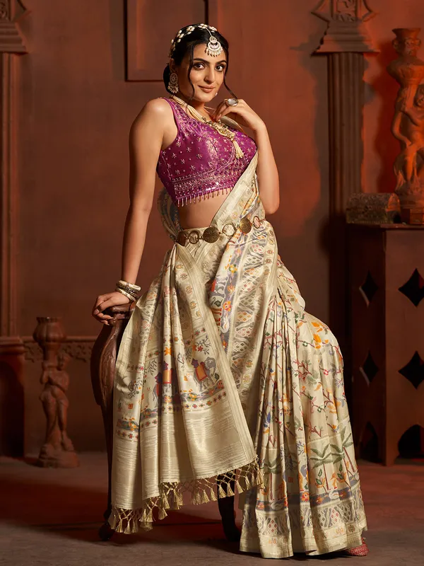 Stunning cream silk wedding saree