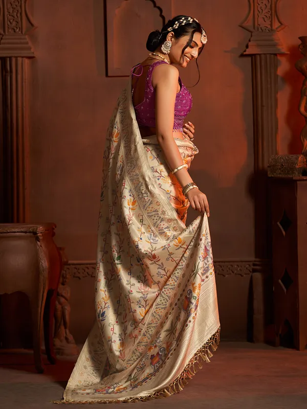 Stunning cream silk wedding saree