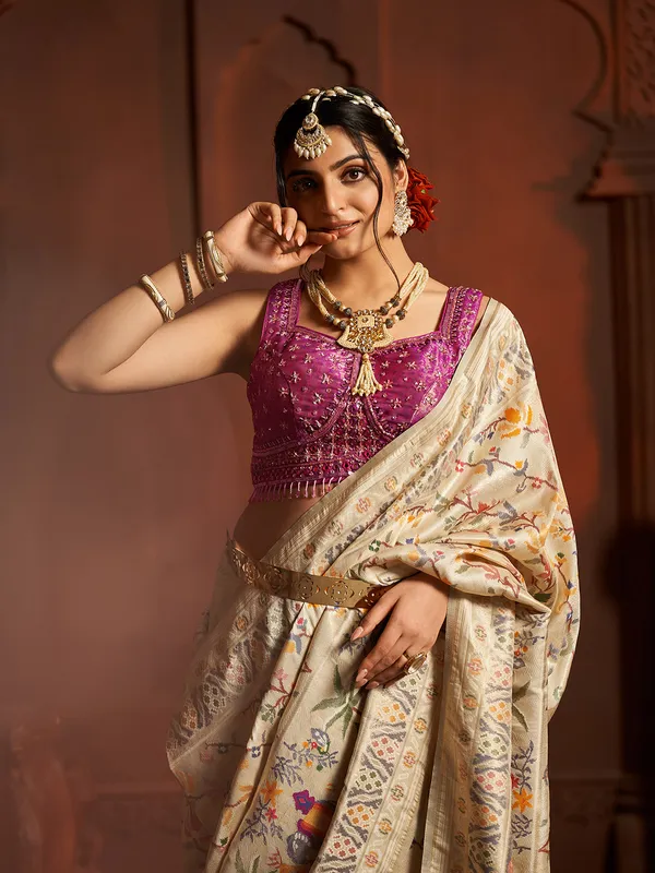Stunning cream silk wedding saree