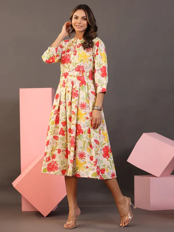 Stunning cream printed cotton casual kurti