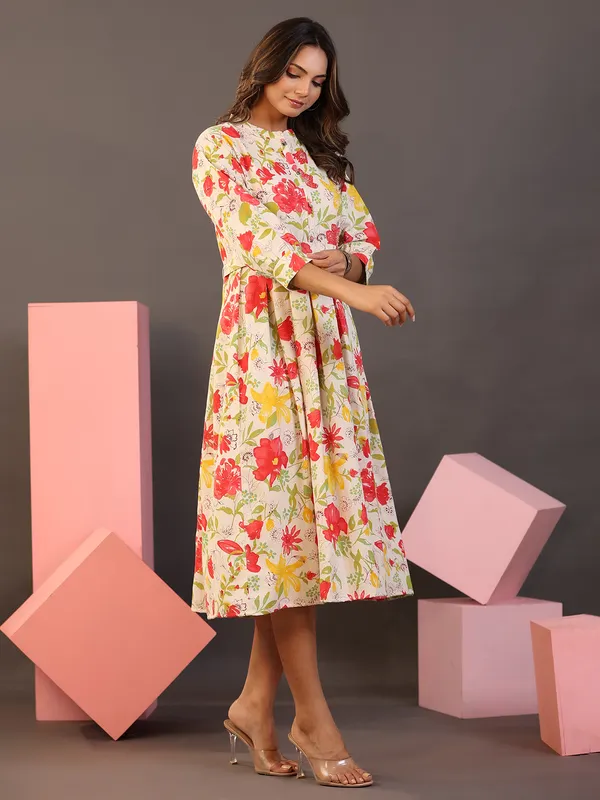 Stunning cream printed cotton casual kurti