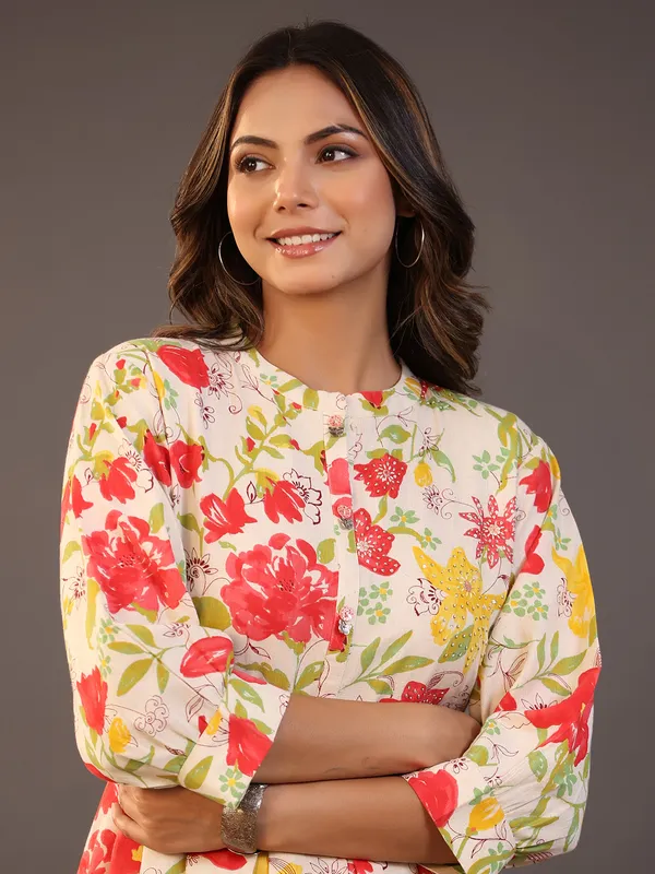 Stunning cream printed cotton casual kurti