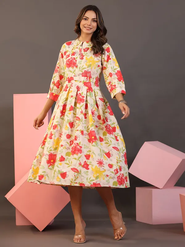Stunning cream printed cotton casual kurti