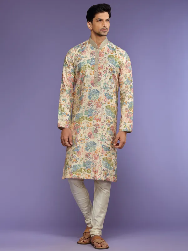 Stunning cream printed  Men Kurta pajama