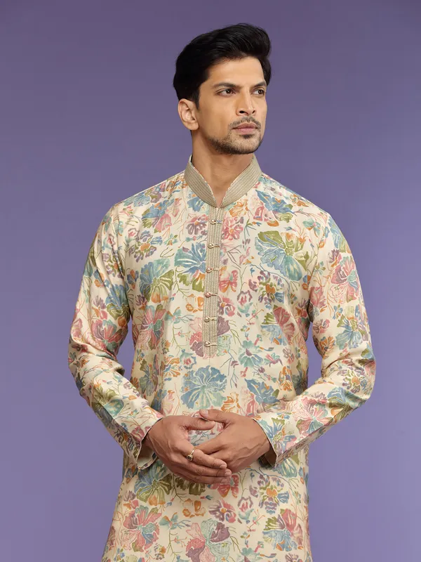 Stunning cream printed  Men Kurta pajama