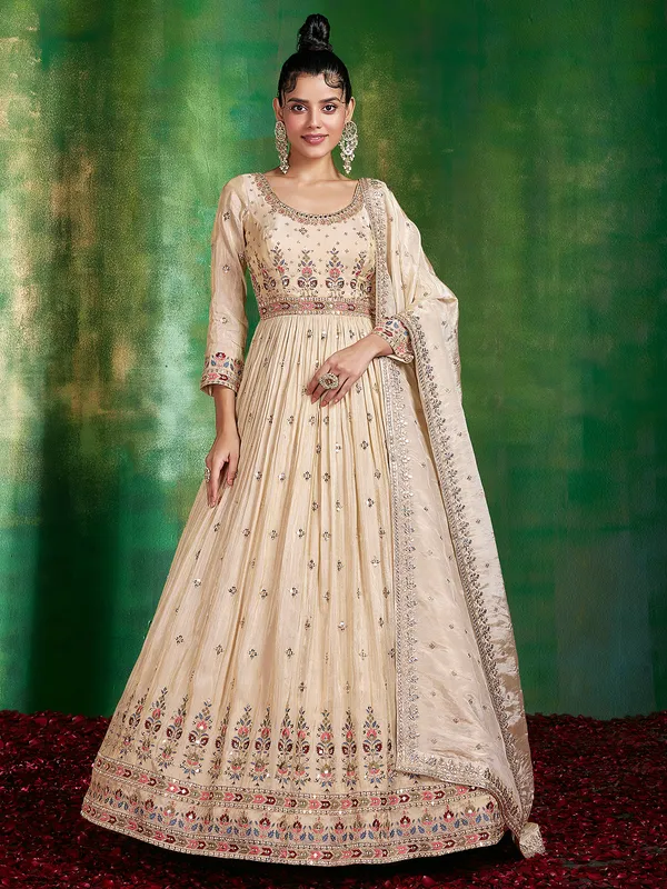 Stunning cream silk anarkali suit