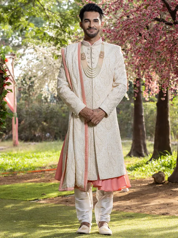 Stunning cream silk sherwani for groom