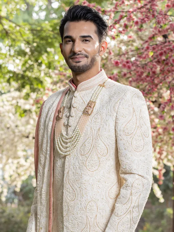 Stunning cream silk sherwani for groom