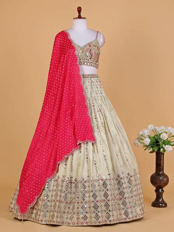 Stunning cream tissue silk lehenga choli