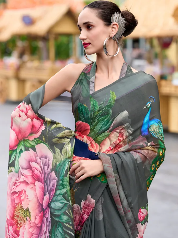 Stunning dark grey georgette saree for festive