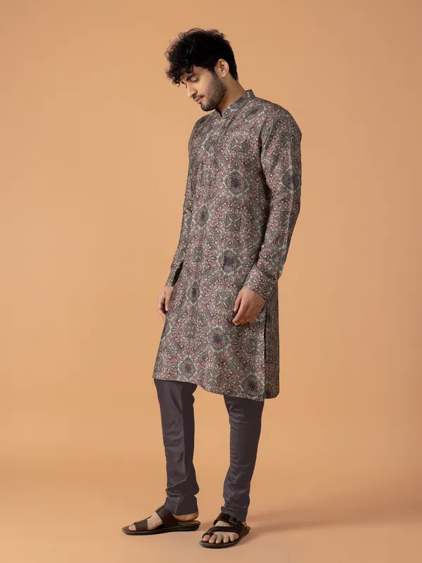 Stunning dark grey printed  Men Kurta pajama