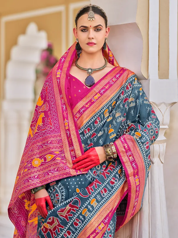 Stunning dark grey printed silk saree