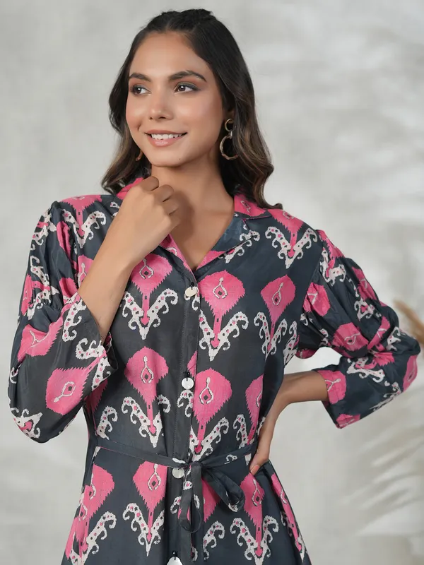 Stunning dark grey silk printed kurti