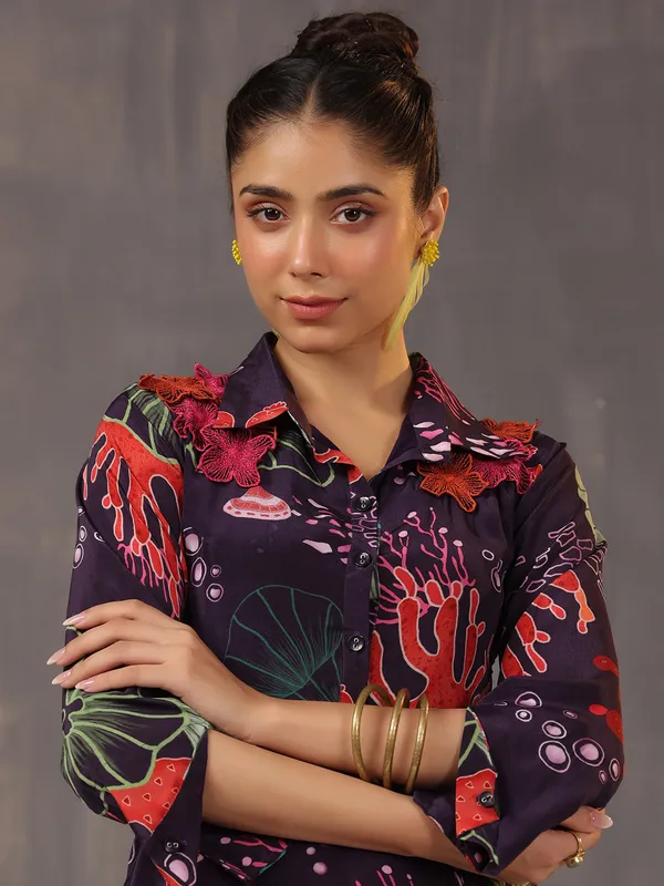 Stunning dark wine satin printed kurti