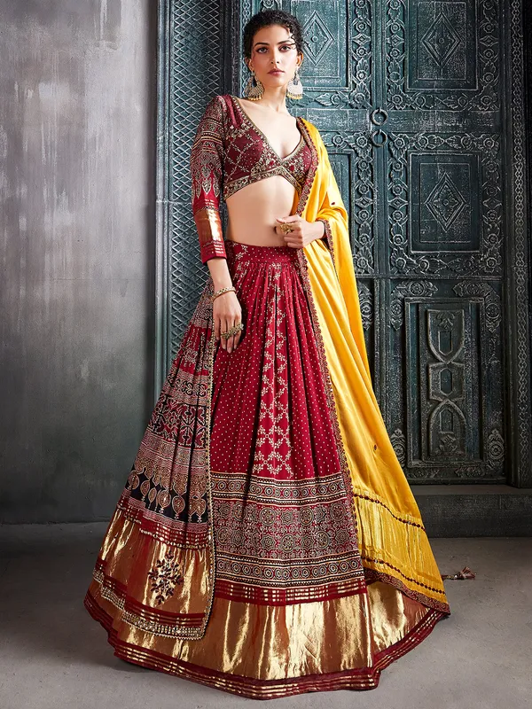 Stunning gaji silk maroon lehenga choli