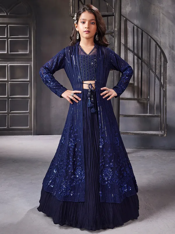Stunning navy georgette lehenga choli with long jacket