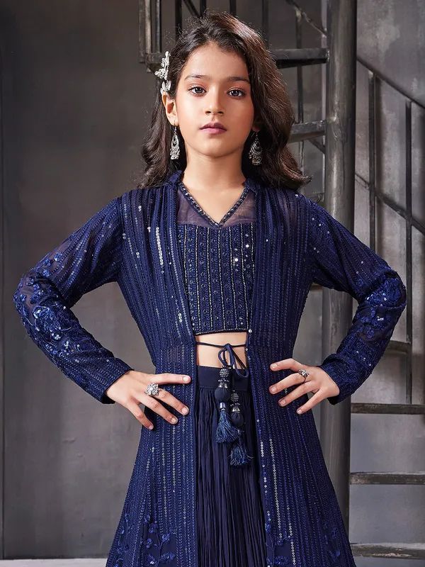 Stunning navy georgette lehenga choli with long jacket