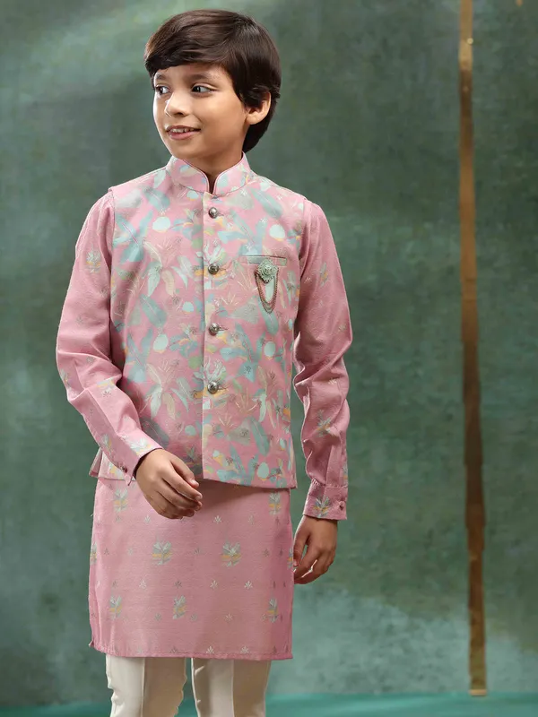 Stunning muave pink silk designer waistcoat set for boys