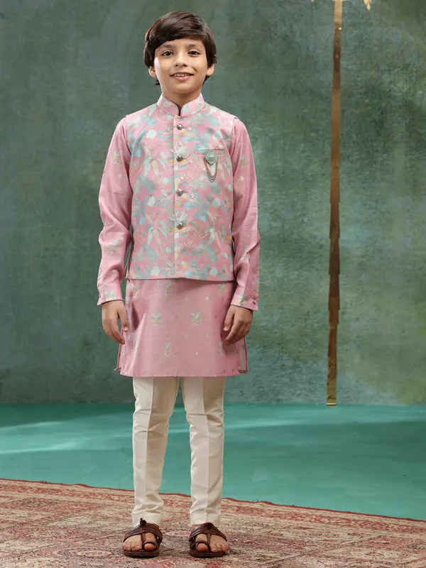 Stunning muave pink silk designer waistcoat set for boys