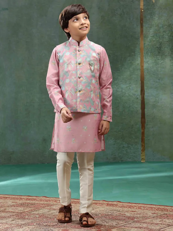 Stunning muave pink silk designer waistcoat set for boys